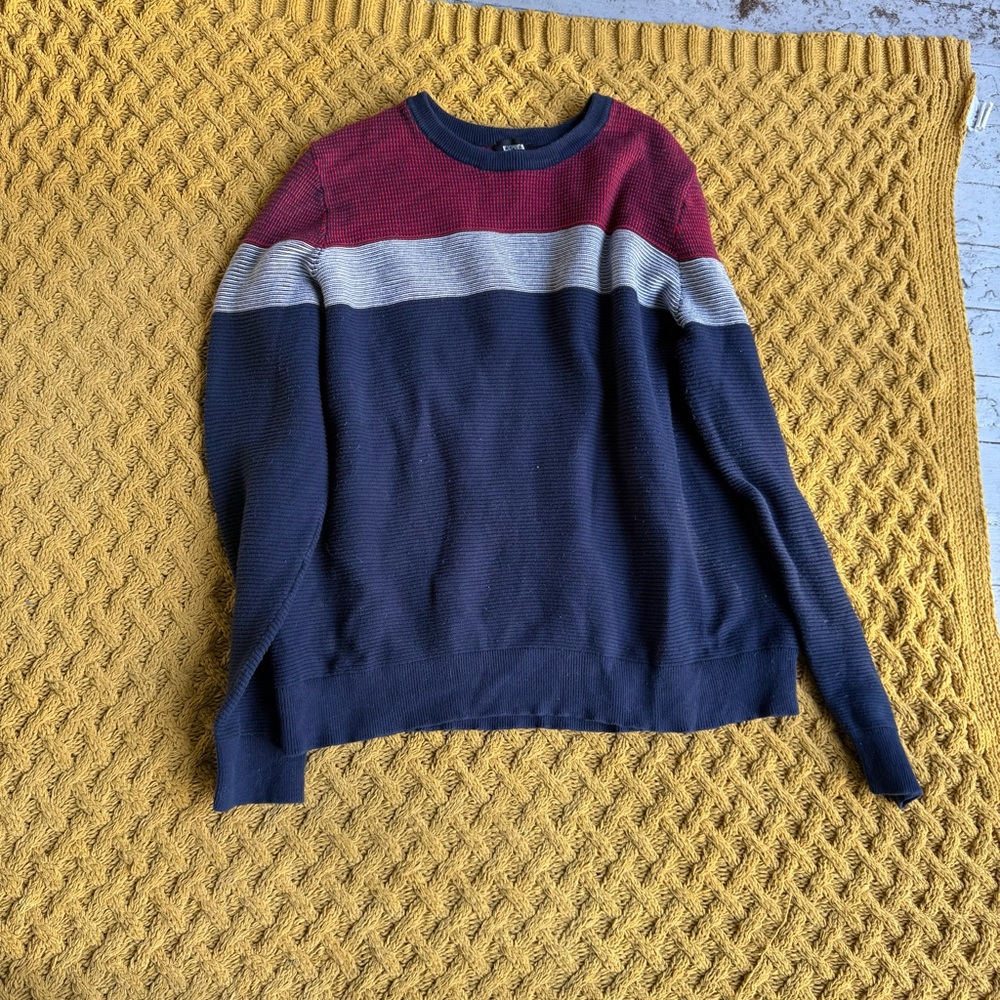 Express Fisherman Grandpa Chunky Knit Sweater XXL 100% Cotton Colorblock Red Blu